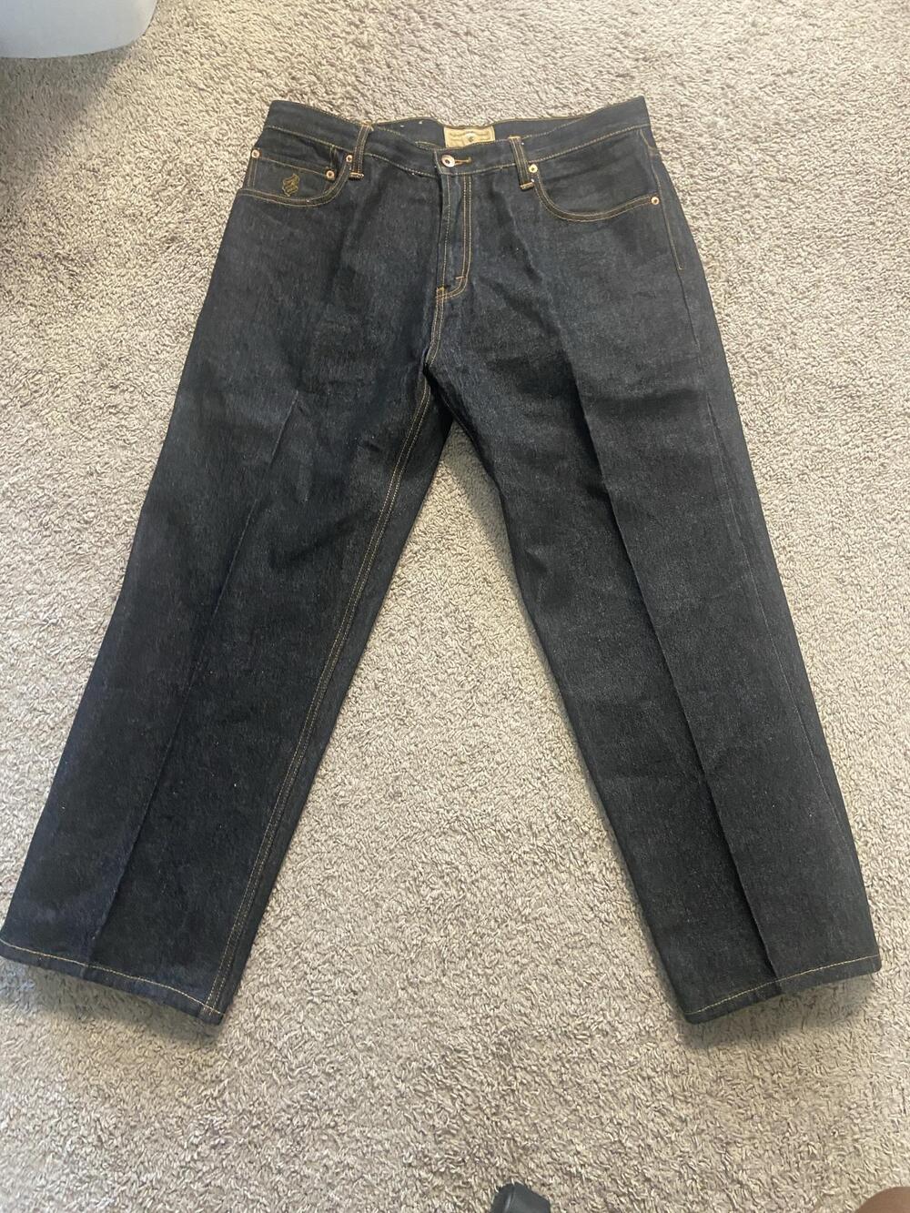 Rocawear Jeans Mens 38x26 Blue Raw Denim Relaxed Straight Logo Pockets